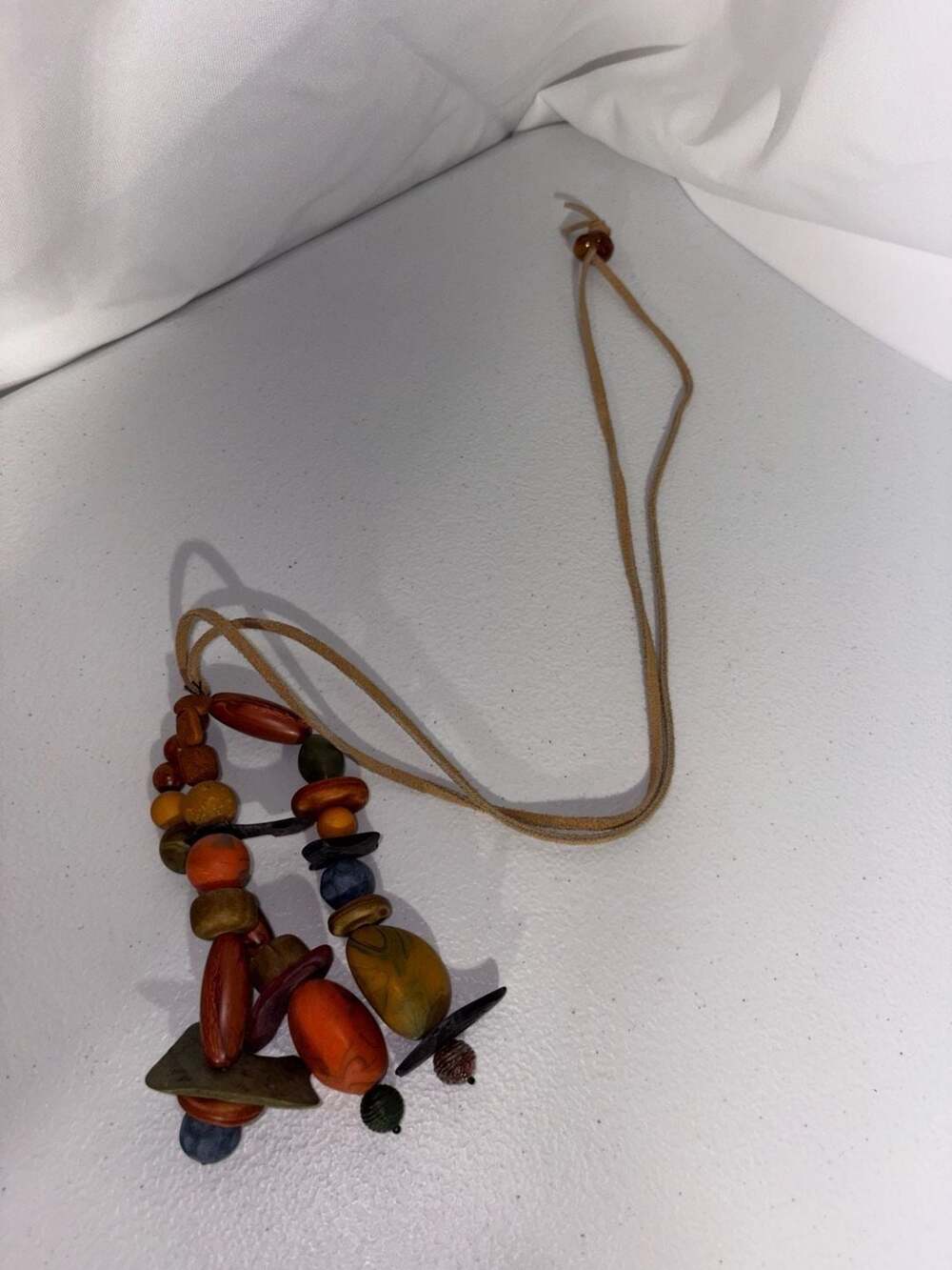 Bohemian Earth Tone Mixed Media Wood and Clay Bead Suede Cord Necklace
